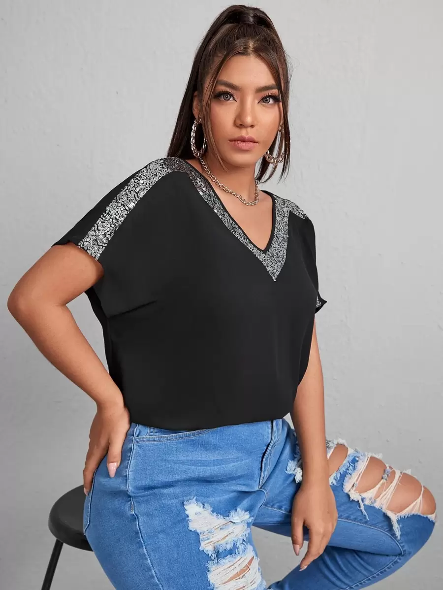 SHEIN Essnce Top de manga murciélago con lentejuela en contraste - Negro - Ver 1