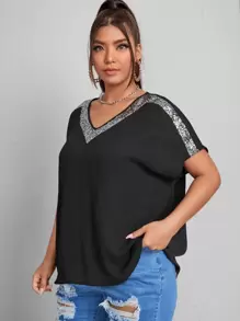 SHEIN Essnce Top de manga murciélago con lentejuela en contraste - Negro - Ver 3