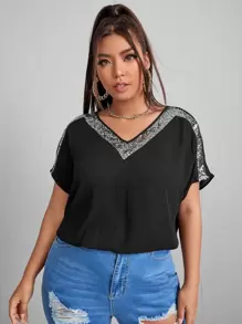 SHEIN Essnce Top de manga murciélago con lentejuela en contraste - Negro - Ver 4