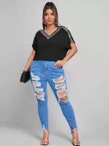SHEIN Essnce Top de manga murciélago con lentejuela en contraste - Negro - Ver 5