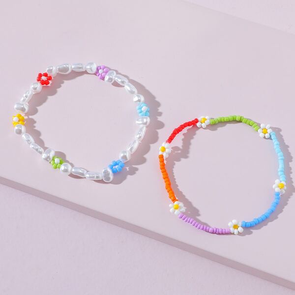

2pcs Flower Decor Beaded Bracelet, Multicolor