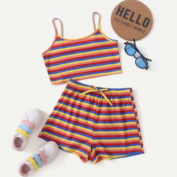 

Girls Striped Print Cami Top & Shorts Set, Multicolor