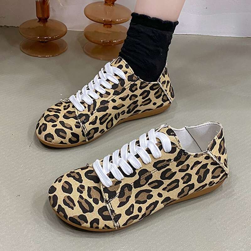 

Leopard Pattern Lace-up Front Sneakers, Khaki