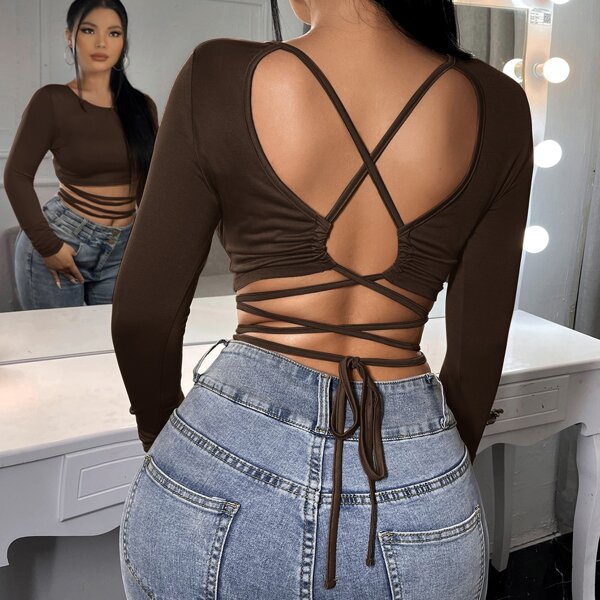 

Solid Criss Cross Backless Tee, Chocolate brown