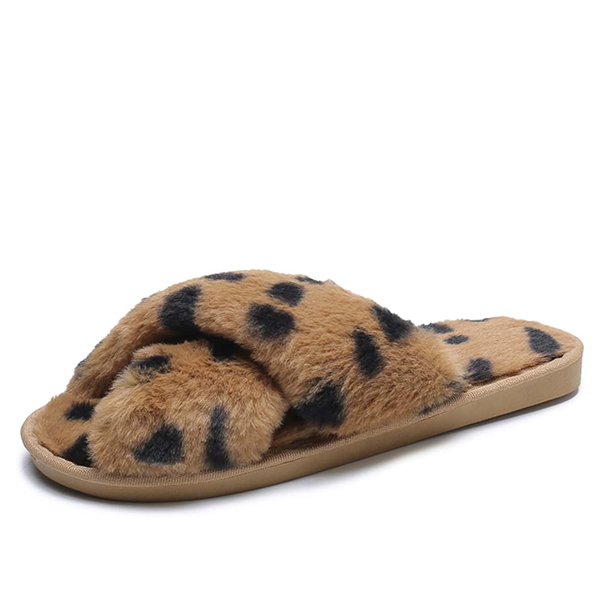

Criss Cross Fluffy Slippers, Brown