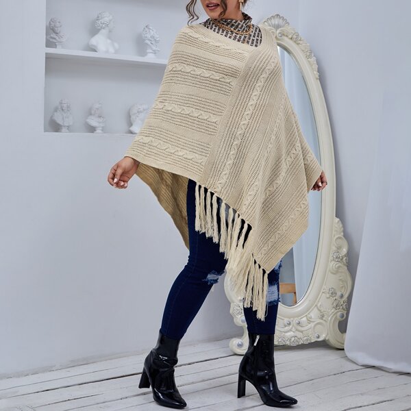 

Plus Cable & Ribbed Knit Tassel Hem Poncho Sweater, Apricot