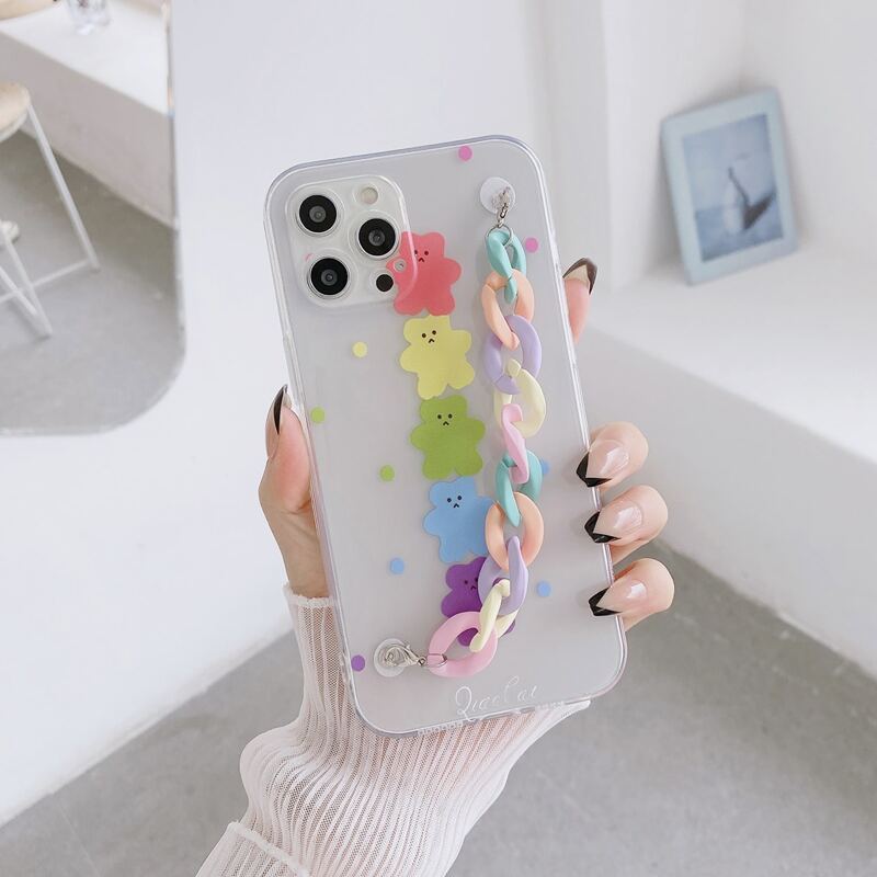 

Cartoon Bear Phone Case With Chain Hand Strap, Multicolor
