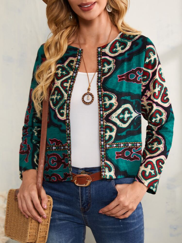 Saco con estampado de dibujo con cinta con bordado con parte delantera abierta - Multicolor - Añade 1