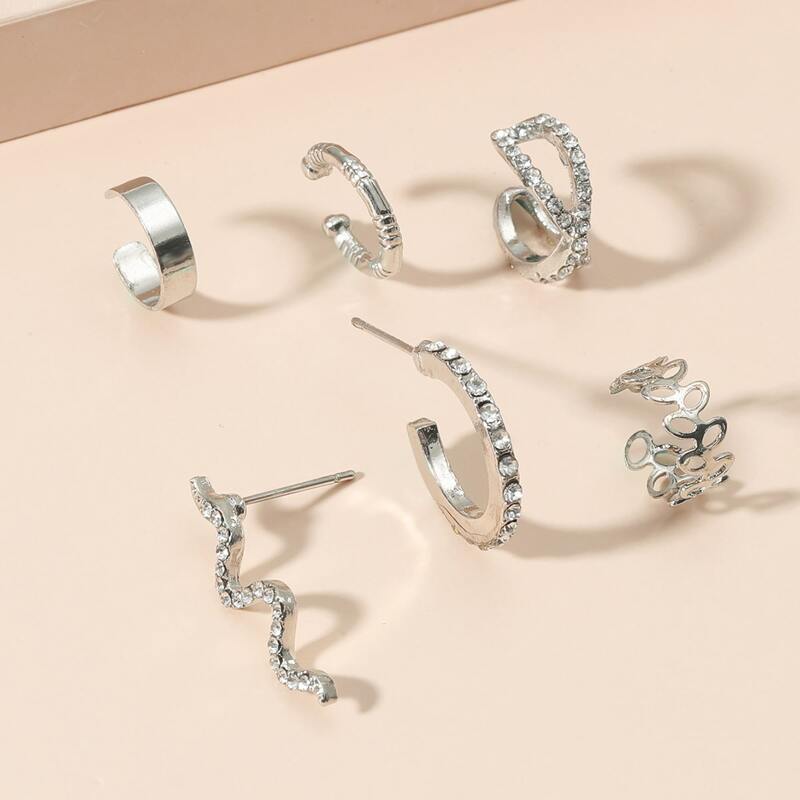 

6pcs Rhinestone Decor Earrings, Silver