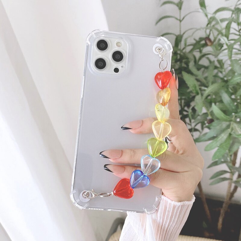 

Clear Phone Case With Heart Decor Hand Strap, Multicolor