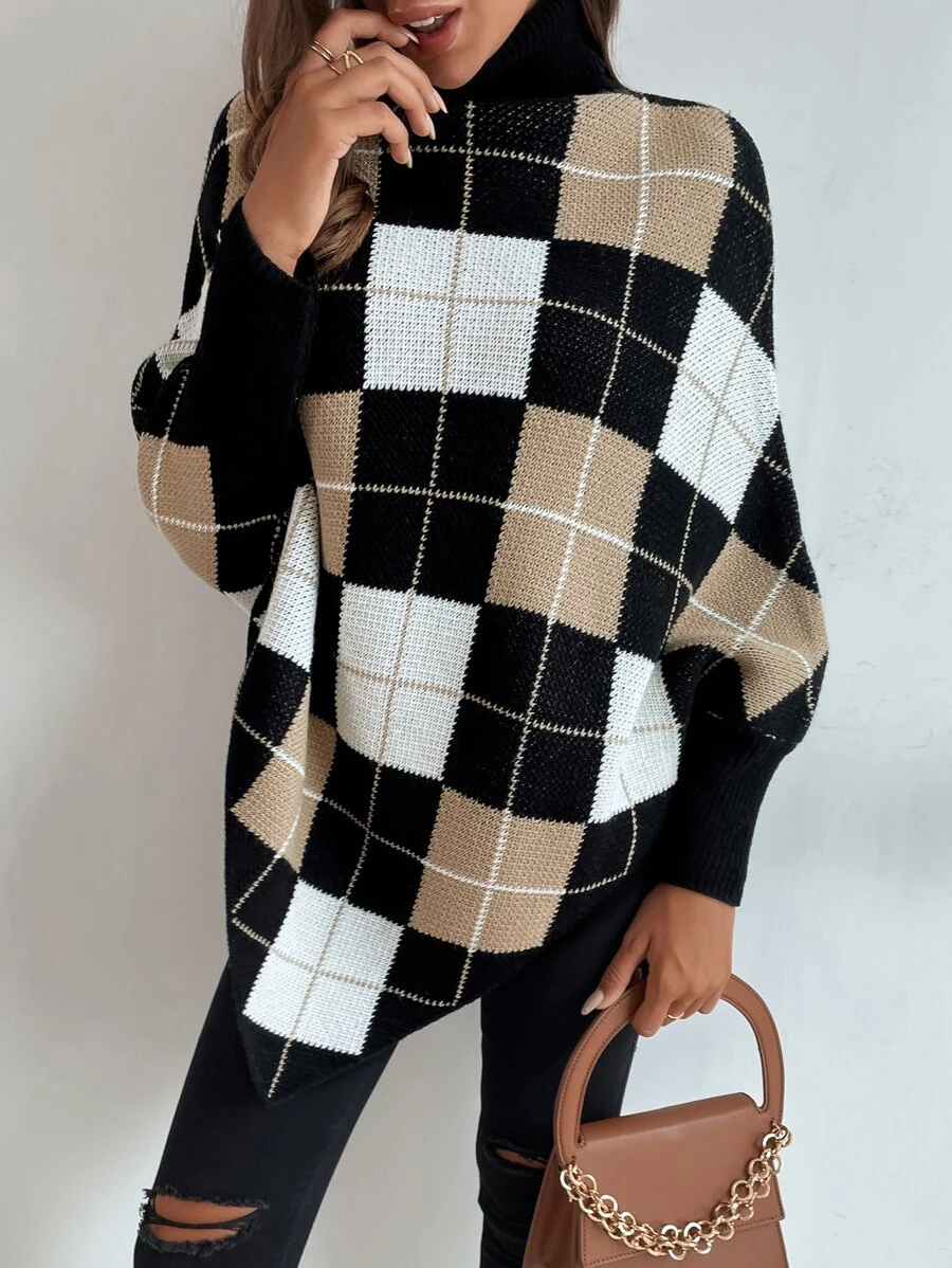 Plaid Pattern High Neck Asymmetrical Hem Jumper - Multicolor - View 1