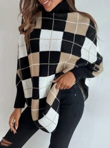 Plaid Pattern High Neck Asymmetrical Hem Jumper - Multicolor - View 4