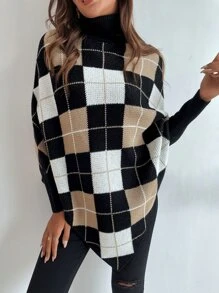 Plaid Pattern High Neck Asymmetrical Hem Jumper - Multicolor - View 6
