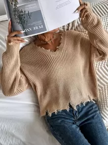 SHEIN Essnce Jersey escote V de hombros caídos roto ribete - Caqui - Ver 1