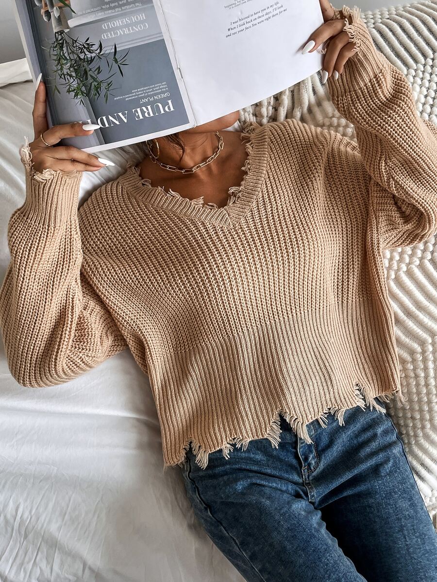 SHEIN Essnce Jersey escote V de hombros caídos roto ribete - Caqui - Ver 1