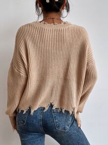 SHEIN Essnce Jersey escote V de hombros caídos roto ribete - Caqui - Ver 2