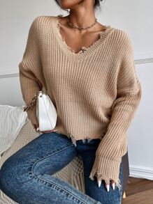 SHEIN Essnce Jersey escote V de hombros caídos roto ribete - Caqui - Ver 4