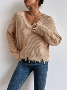 SHEIN Essnce Jersey escote V de hombros caídos roto ribete - Caqui - Ver 7