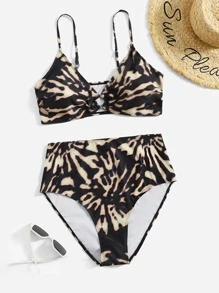 Plus Size Tie Dye Ring Linked Bikini Set Summer Beach - Multicolor - View 1