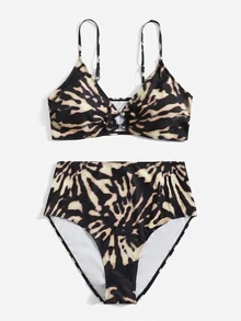 Plus Size Tie Dye Ring Linked Bikini Set Summer Beach - Multicolor - View 3