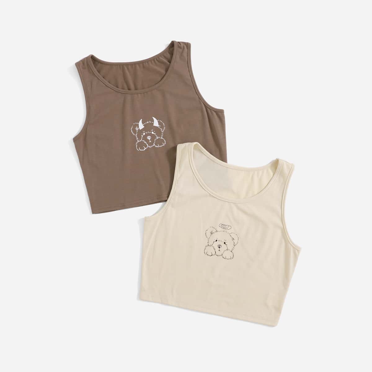 

2pcs Bear Print Tank Top, Khaki