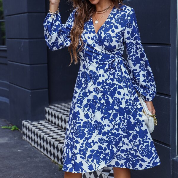 

Floral Print Bishop Sleeve Tie Side Wrap Dress, Blue and white