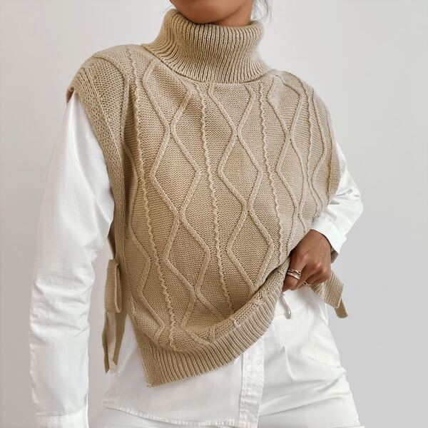 

Solid High Neck Knot Side Knit Top Without Blouse, Khaki
