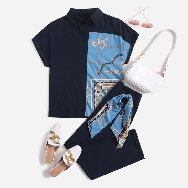 

Chain And Scarf Print Blouse With Pants, Navy blue
