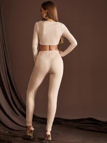 SHEIN SXY Lace Up Front Topstitching Crop Top & Leggings - Khaki - View 2