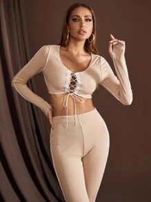 SHEIN SXY Lace Up Front Topstitching Crop Top & Leggings - Khaki - View 3