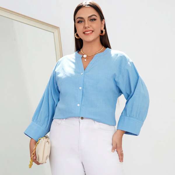 

Plus Notched Neck Button Up Blouse, Blue