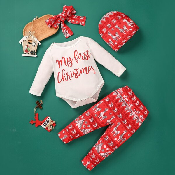 

Baby Girl Christmas Print Bodysuit With Pants, Red and white