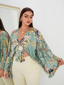 SHEIN Swim Curve Summer Plus Size Plant Print Knot Front Kimono - Multicolor - View 1