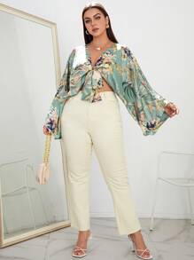 SHEIN Swim Curve Summer Plus Size Plant Print Knot Front Kimono - Multicolor - View 3