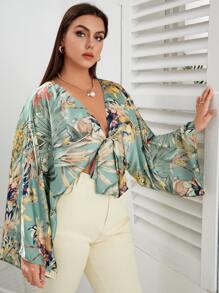 SHEIN Swim Curve Summer Plus Size Plant Print Knot Front Kimono - Multicolor - View 4