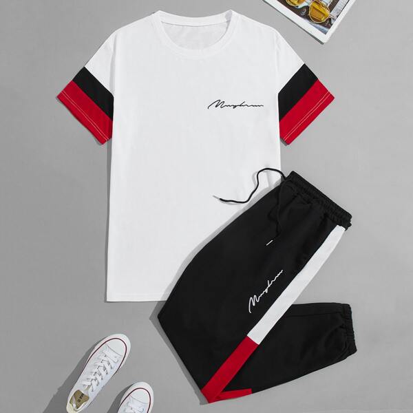 

Men Letter Print Colorblock Tee & Sweatpants Set, Black and white