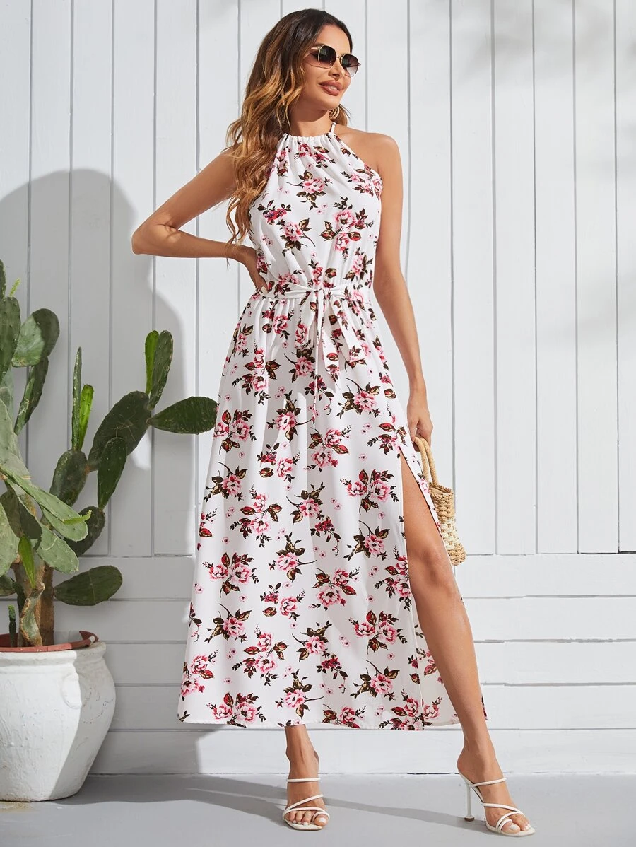 SHEIN Vestido con estampado floral con abertura muslo de cuello halter - Multicolor - Ver 1