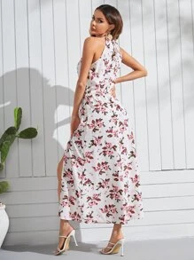 SHEIN Vestido con estampado floral con abertura muslo de cuello halter - Multicolor - Ver 2