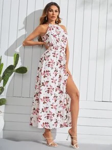 SHEIN Vestido con estampado floral con abertura muslo de cuello halter - Multicolor - Ver 3