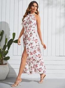 SHEIN Vestido con estampado floral con abertura muslo de cuello halter - Multicolor - Ver 5