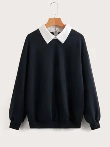 SHEIN Sudadera con estampado de letra de cuello en contraste - Negro - Ver 1