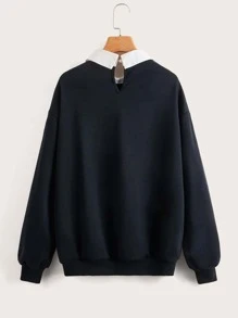 SHEIN Sudadera con estampado de letra de cuello en contraste - Negro - Ver 2