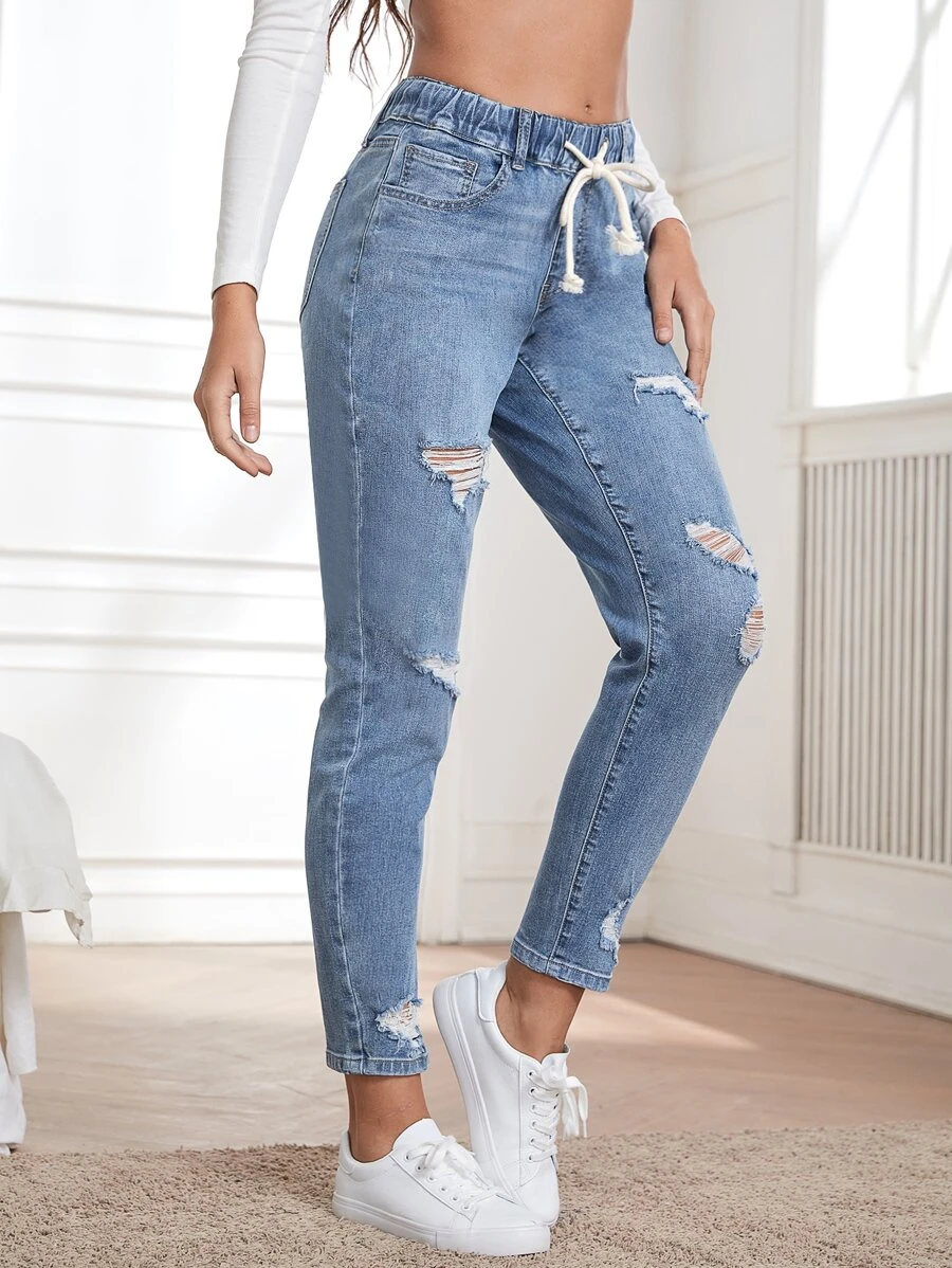 Quần jean Dây kéo Thắt nút Túi Bị tách màu trơn - Rửa trung bình - Xem 1