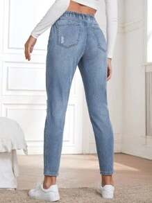 Quần jean Dây kéo Thắt nút Túi Bị tách màu trơn - Rửa trung bình - Xem 2