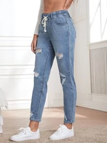 Quần jean Dây kéo Thắt nút Túi Bị tách màu trơn - Rửa trung bình - Xem 4