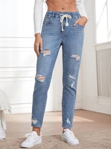 Quần jean Dây kéo Thắt nút Túi Bị tách màu trơn - Rửa trung bình - Xem 5