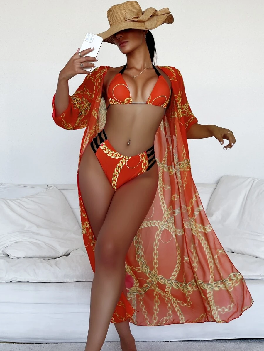3packs Chain Print Triangle Halter Bikini Set & Kimono, For Summer Beach Vacation - Multicolor - View 1