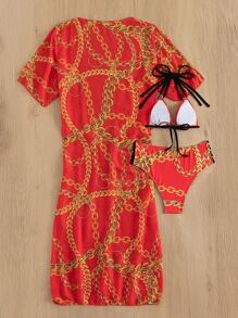 3packs Chain Print Triangle Halter Bikini Set & Kimono, For Summer Beach Vacation - Multicolor - View 2