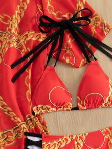3packs Chain Print Triangle Halter Bikini Set & Kimono, For Summer Beach Vacation - Multicolor - View 3