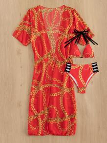 3packs Chain Print Triangle Halter Bikini Set & Kimono, For Summer Beach Vacation - Multicolor - View 5